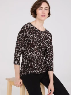 Suzy Shier Long Sleeve>3/4 Sleeve Animal Print Top With Side Ruching