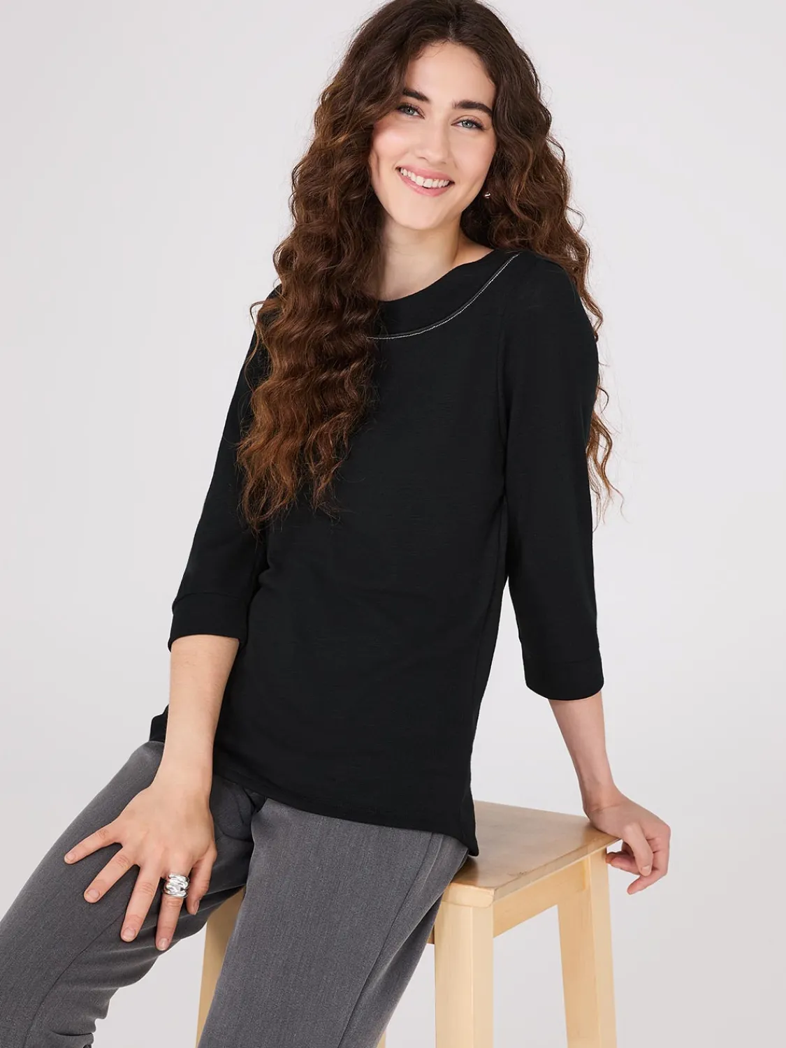 Suzy Shier Long Sleeve>3/4 Sleeve Boat Neck Top
