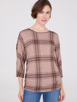 Suzy Shier Long Sleeve>3/4 Sleeve Plaid Top With Side Ruching