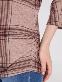 Suzy Shier Long Sleeve>3/4 Sleeve Plaid Top With Side Ruching