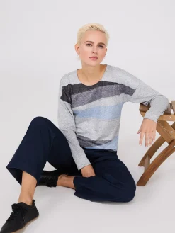 Suzy Shier Long Sleeve>Abstract Colour Block Top With Stud Details