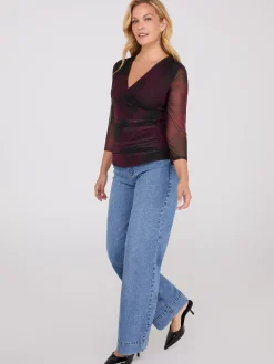 Suzy Shier Tops|Long Sleeve>Abstract Print Crossover Mesh Top