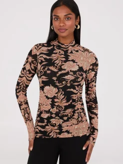 Suzy Shier Tops|Long Sleeve>Abstract Print Mock Neck Mesh Top