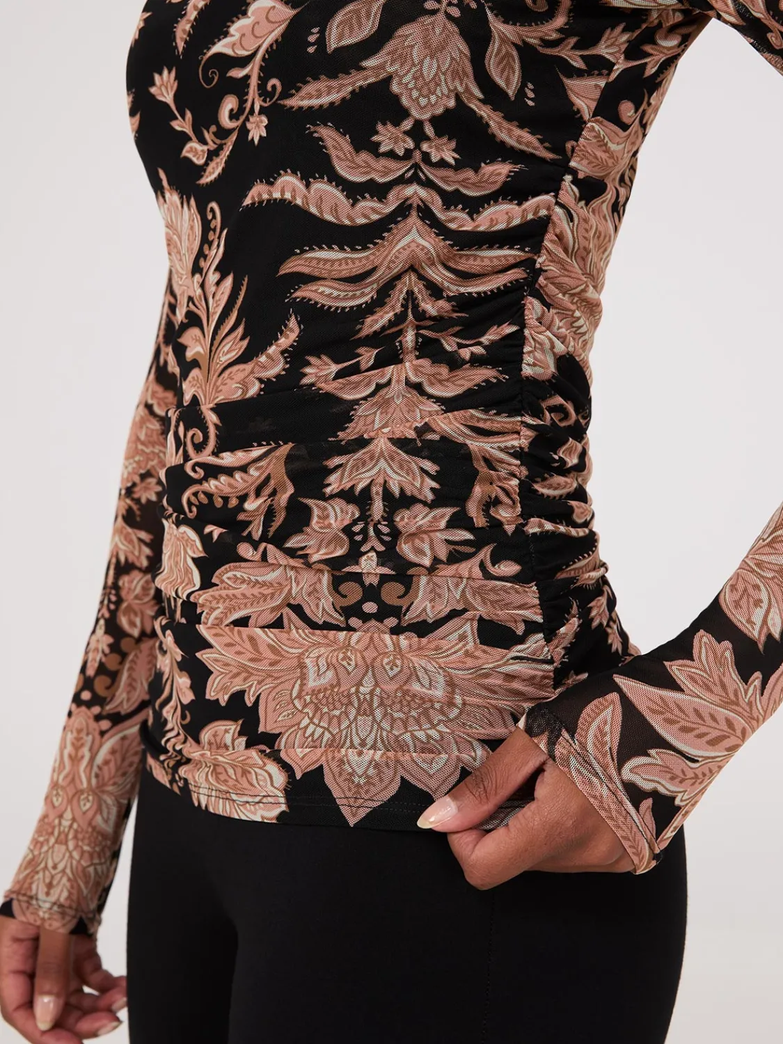 Suzy Shier Tops|Long Sleeve>Abstract Print Mock Neck Mesh Top