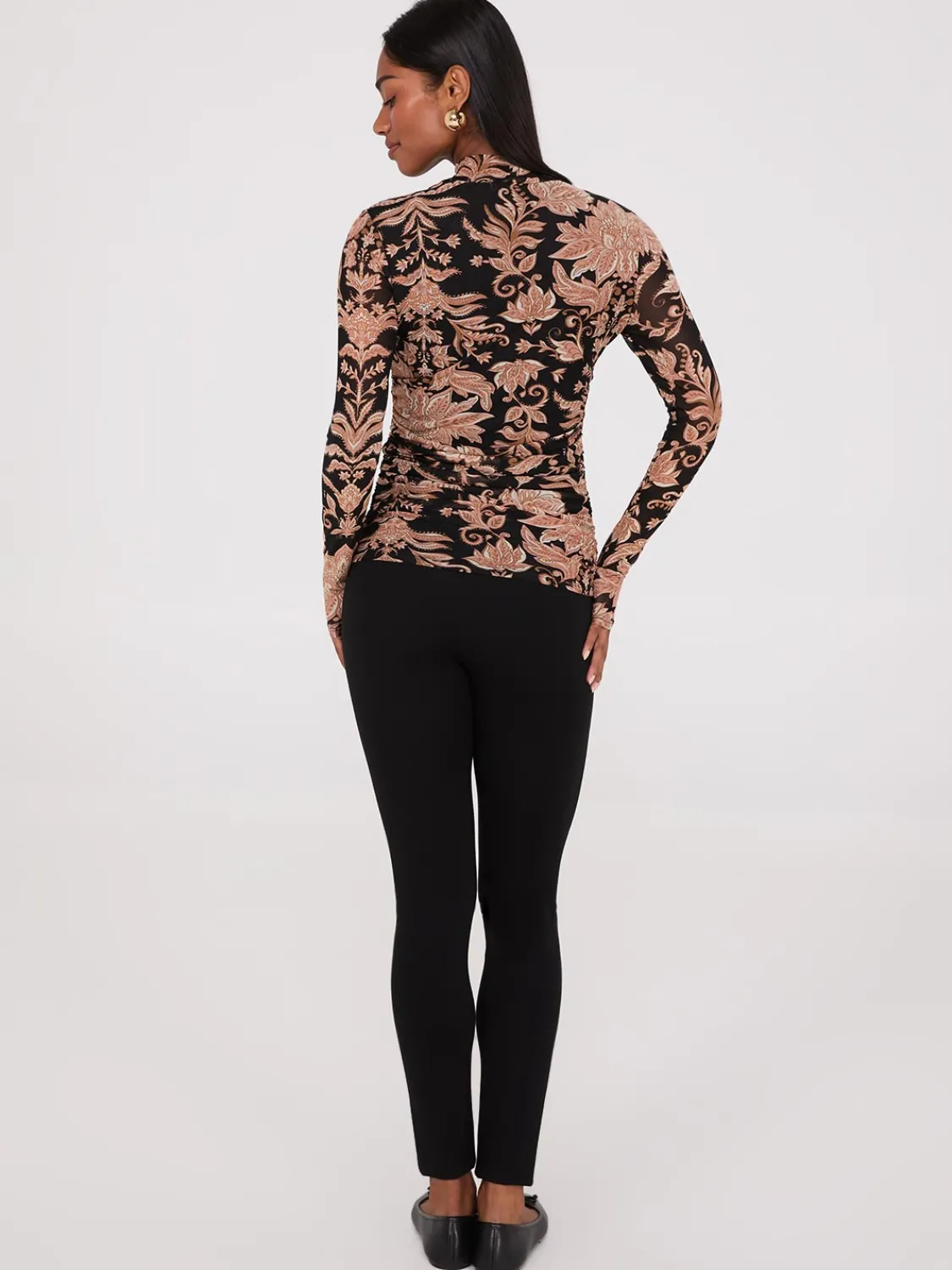 Suzy Shier Tops|Long Sleeve>Abstract Print Mock Neck Mesh Top