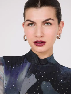 Suzy Shier Tops|Long Sleeve>Abstract Print Rhinestone Mesh Top