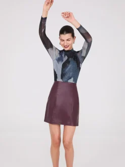 Suzy Shier Tops|Long Sleeve>Abstract Print Rhinestone Mesh Top