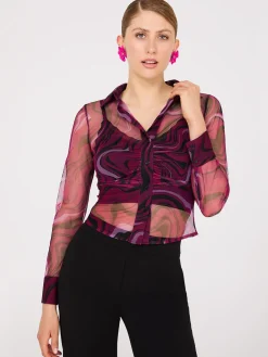 Suzy Shier Tops|Long Sleeve>Abstract Print Ruched Button-Front Mesh Blouse