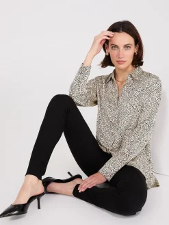 Suzy Shier Tops|Long Sleeve>Abstract Print Satin Tunic Blouse