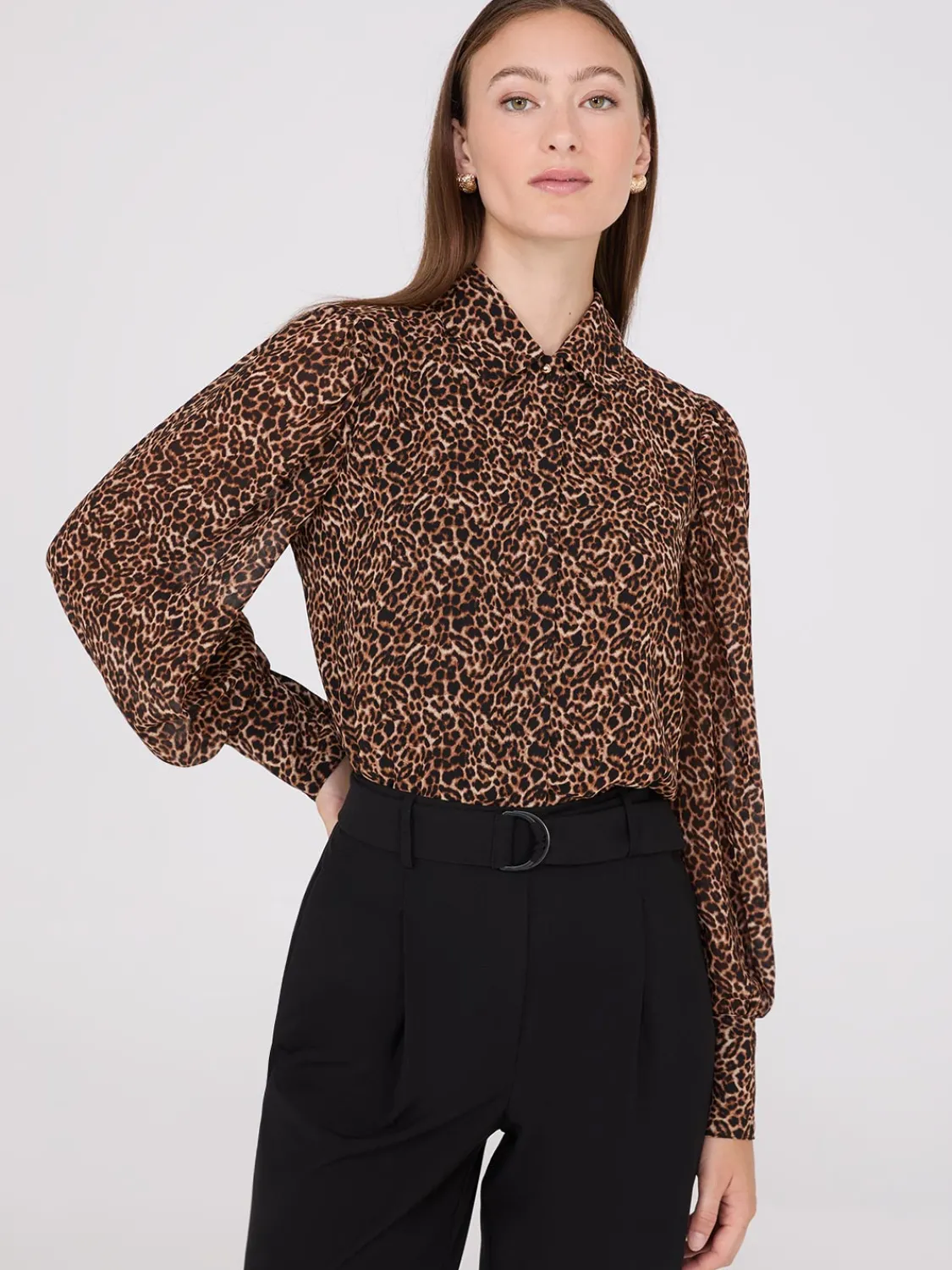 Suzy Shier Tops|Long Sleeve>Animal Print Chiffon Volume Sleeve Blouse