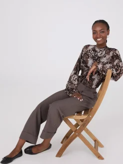 Suzy Shier Tops|Long Sleeve>Animal Print Mesh Top With Ruffle Details