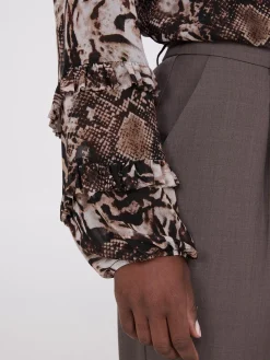 Suzy Shier Tops|Long Sleeve>Animal Print Mesh Top With Ruffle Details