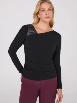 Suzy Shier Tops|Long Sleeve>Asymmetrical Neckline Top With Faux Leather Detail