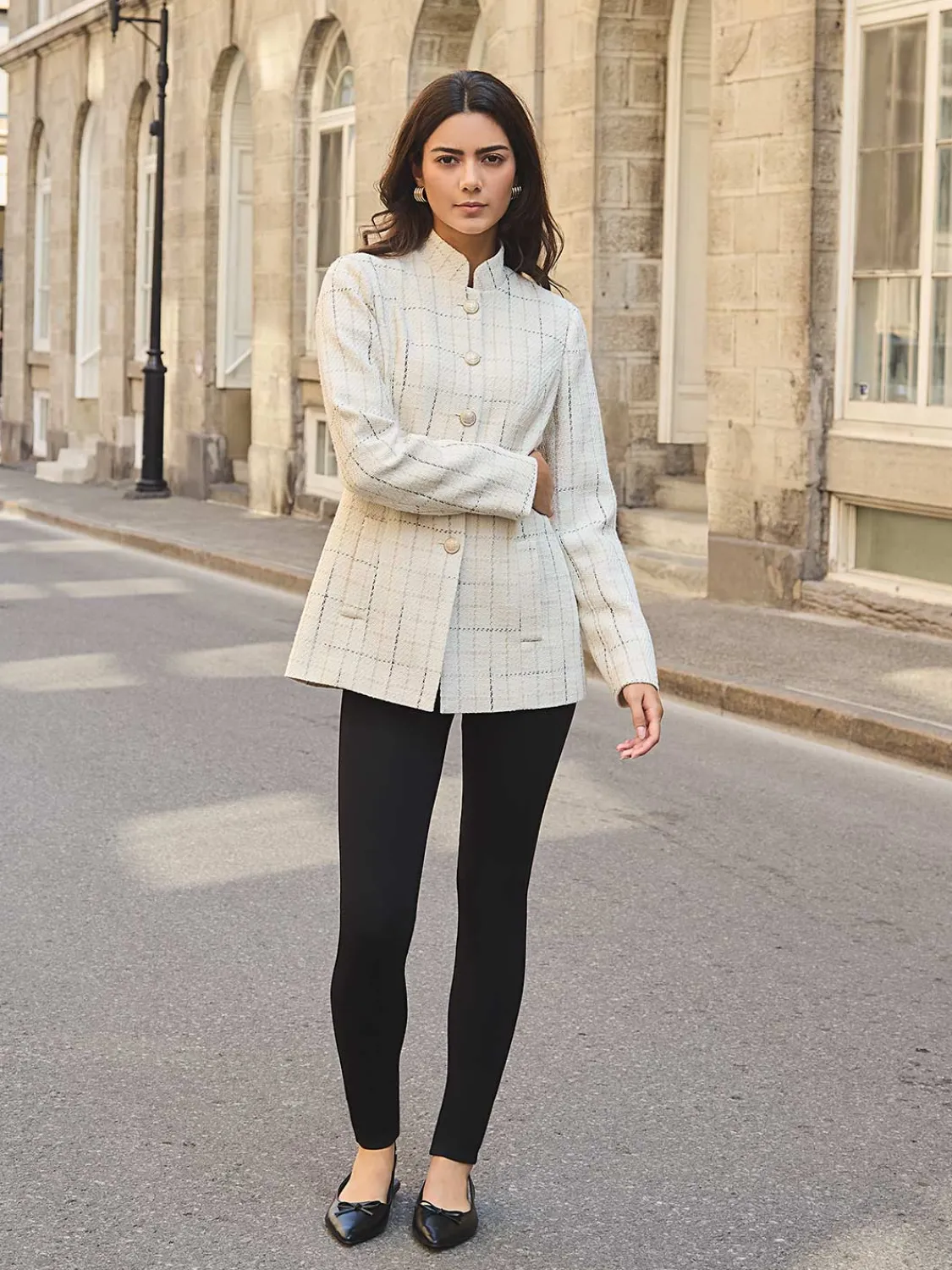 Suzy Shier Blazers & Vests>Boucle Button-Front Blazer With Mandarin Collar