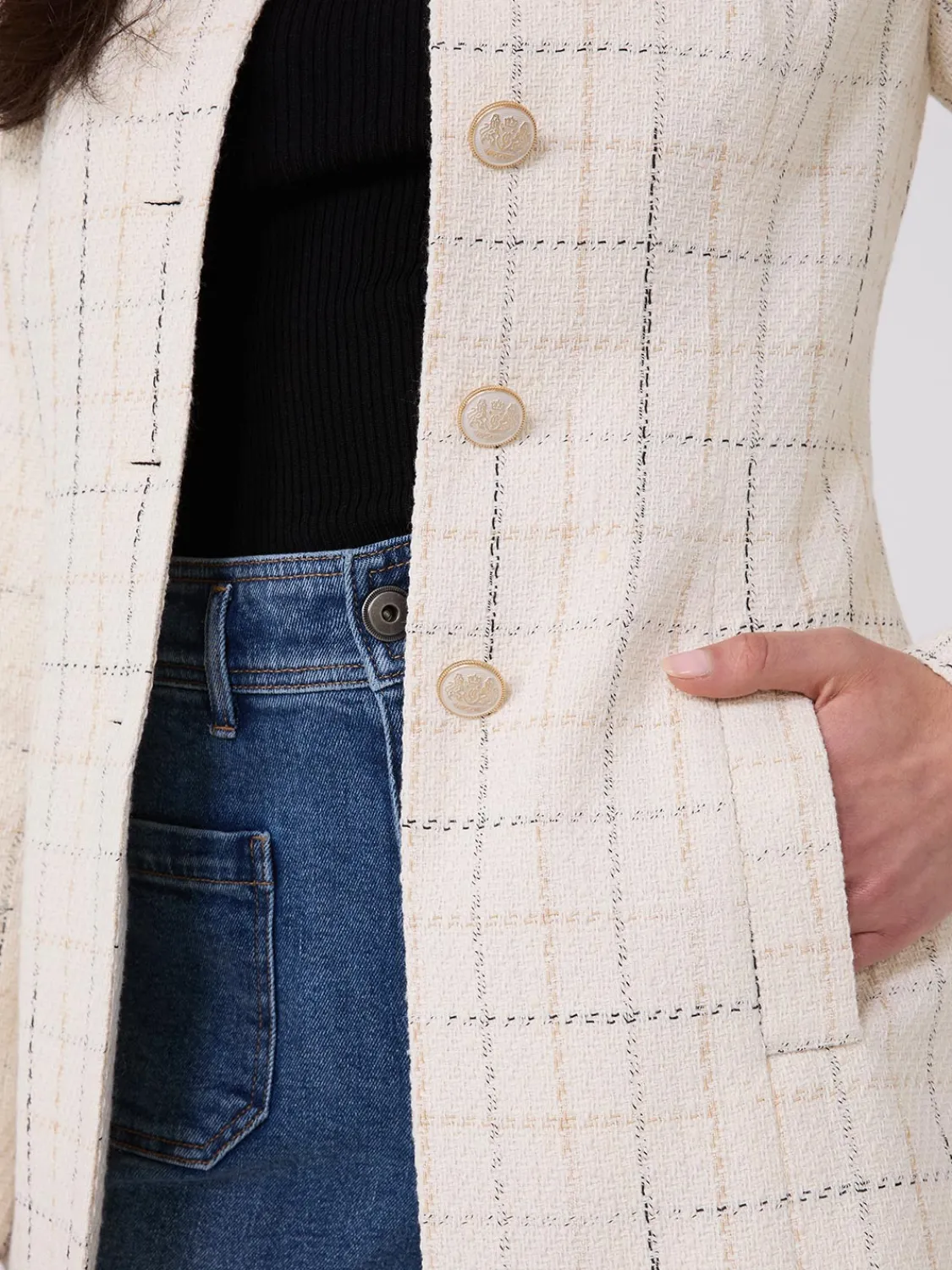 Suzy Shier Blazers & Vests>Boucle Button-Front Blazer With Mandarin Collar