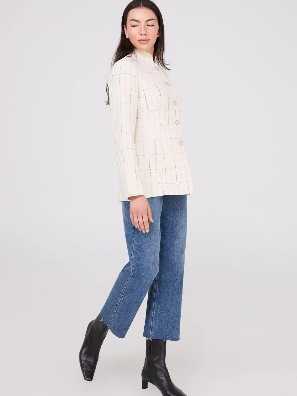 Suzy Shier Blazers & Vests>Boucle Button-Front Blazer With Mandarin Collar