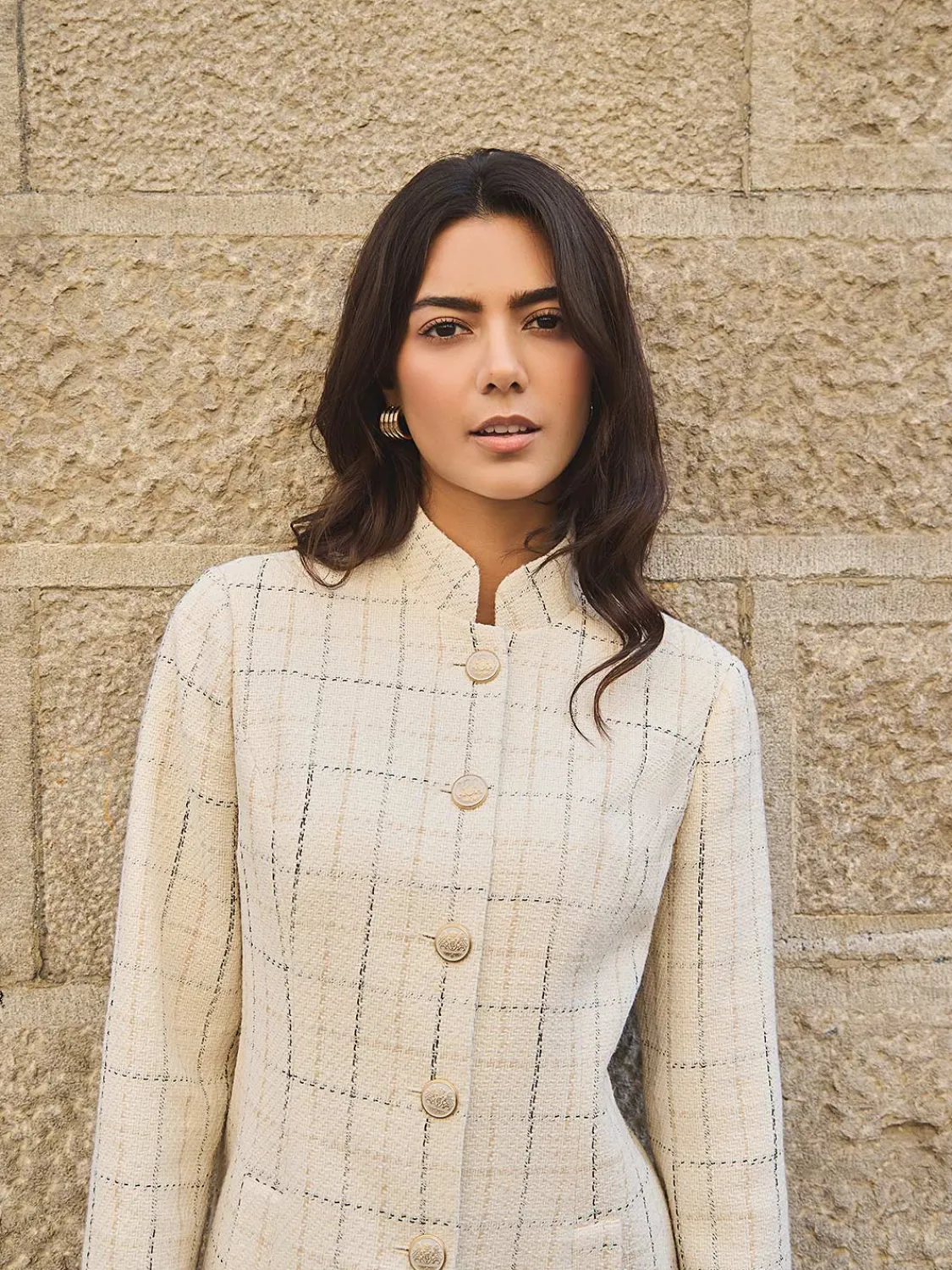 Suzy Shier Blazers & Vests>Boucle Button-Front Blazer With Mandarin Collar