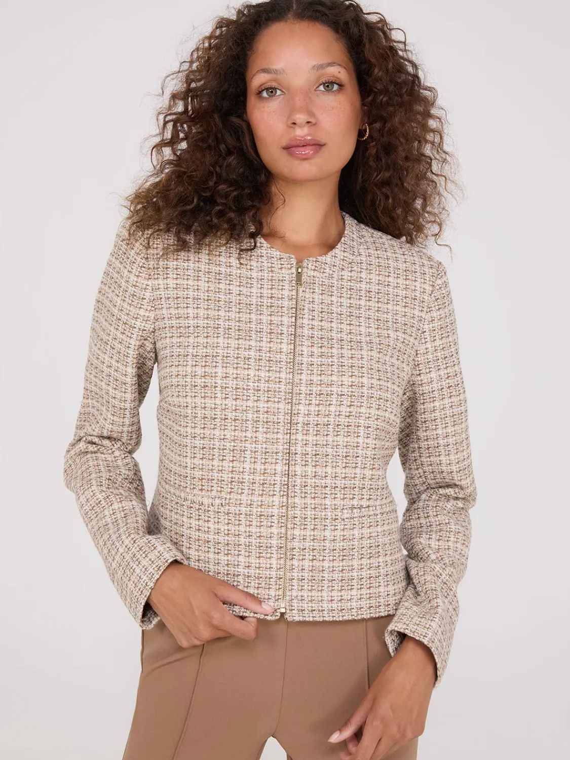 Suzy Shier Blazers & Vests>Boucle Zip-Front Blazer
