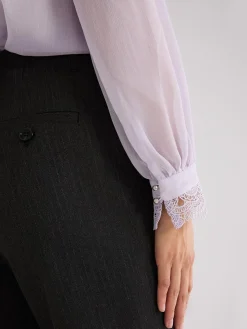 Suzy Shier Tops|Long Sleeve>Button-Up Mock Neck Chiffon Blouse