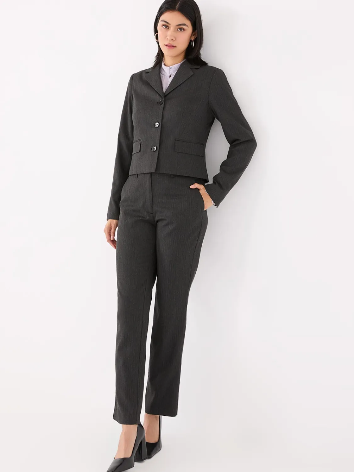 Suzy Shier Tops|Long Sleeve>Button-Up Mock Neck Chiffon Blouse