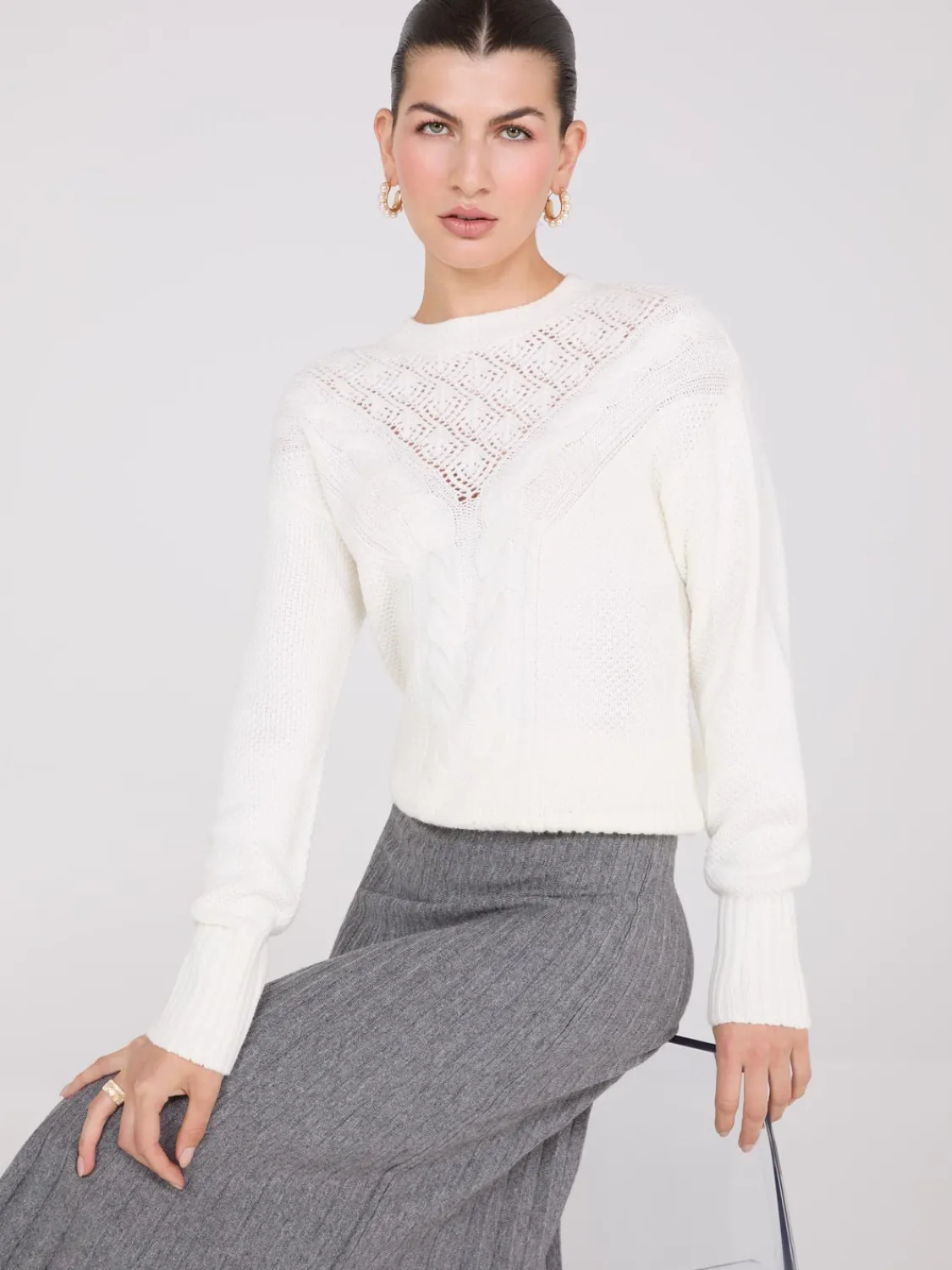 Suzy Shier Long Sleeve|Sweaters & Cardigans>Cable Knit Pointelle Sweater