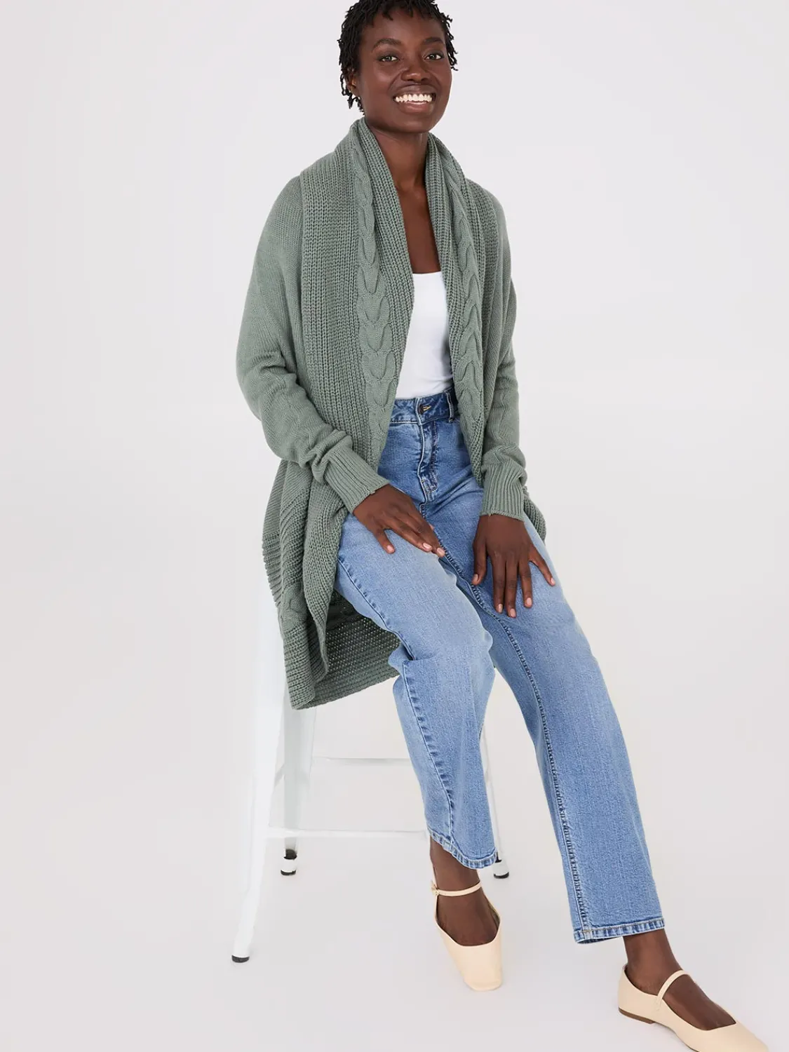 Suzy Shier Long Sleeve|Sweaters & Cardigans>Cable Knit Shawl Cocoon Cardigan