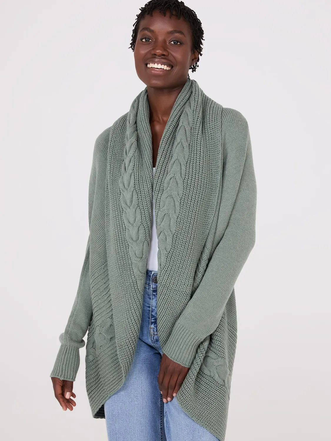 Suzy Shier Long Sleeve|Sweaters & Cardigans>Cable Knit Shawl Cocoon Cardigan