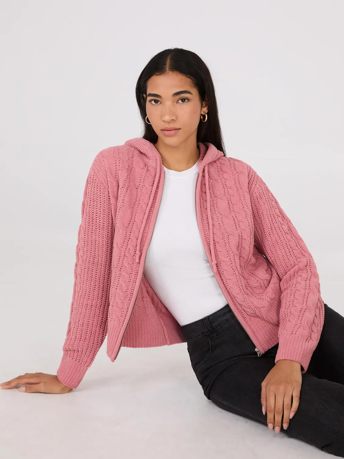 Suzy Shier Long Sleeve|Sweaters & Cardigans>Cable Knit Zip-Up Hoodie
