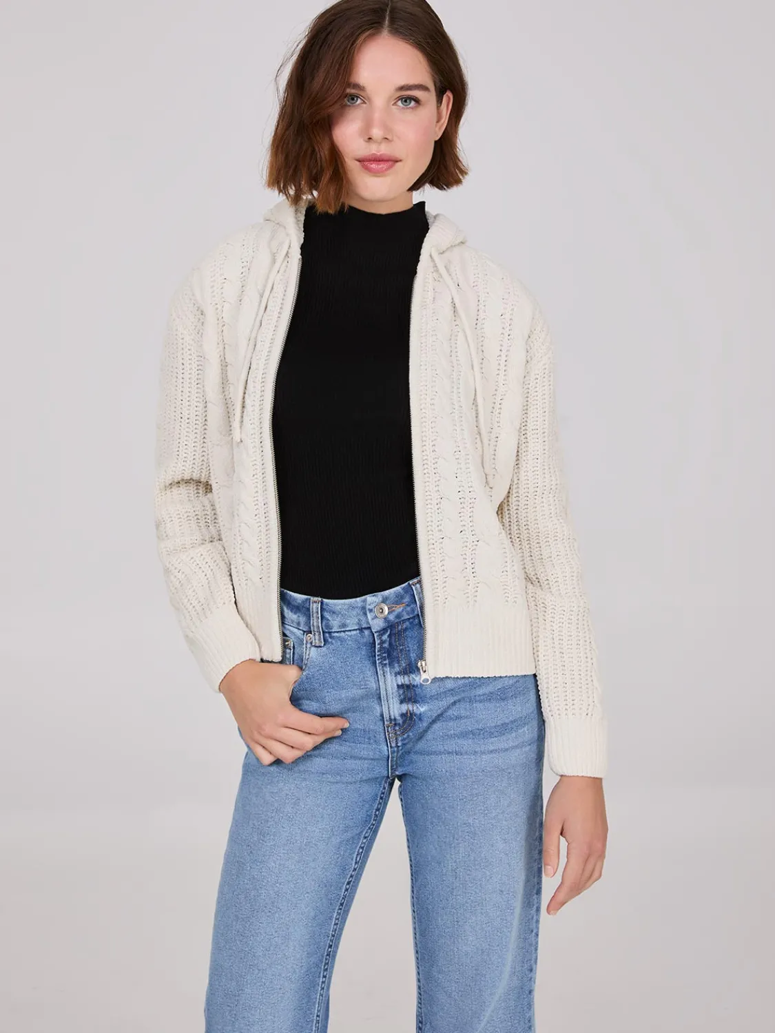 Suzy Shier Long Sleeve|Sweaters & Cardigans>Cable Knit Zip-Up Hoodie