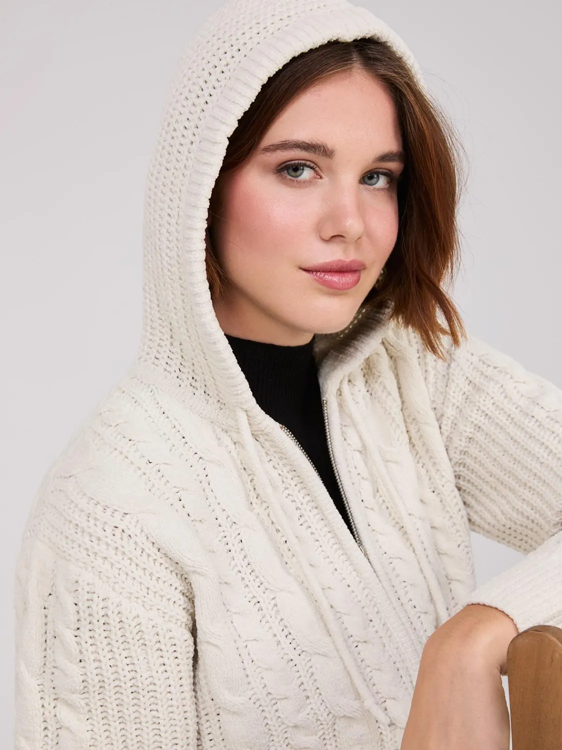 Suzy Shier Long Sleeve|Sweaters & Cardigans>Cable Knit Zip-Up Hoodie