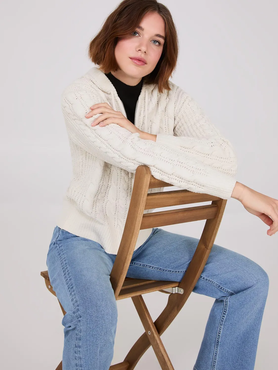 Suzy Shier Long Sleeve|Sweaters & Cardigans>Cable Knit Zip-Up Hoodie