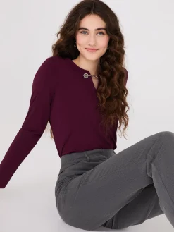 Suzy Shier Tops|Long Sleeve>Chain Keyhole Long Sleeve Top