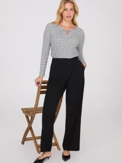 Suzy Shier Tops|Long Sleeve>Chain Keyhole Printed Long Sleeve Top