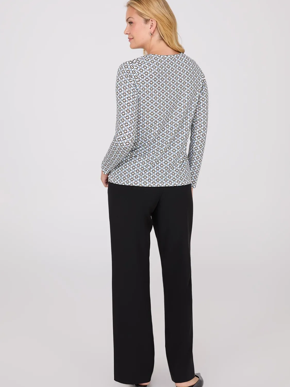 Suzy Shier Tops|Long Sleeve>Chain Keyhole Printed Long Sleeve Top