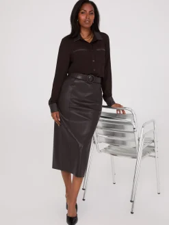 Suzy Shier Tops|Long Sleeve>Chiffon Blouse With Faux Leather Details