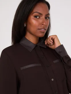 Suzy Shier Tops|Long Sleeve>Chiffon Blouse With Faux Leather Details