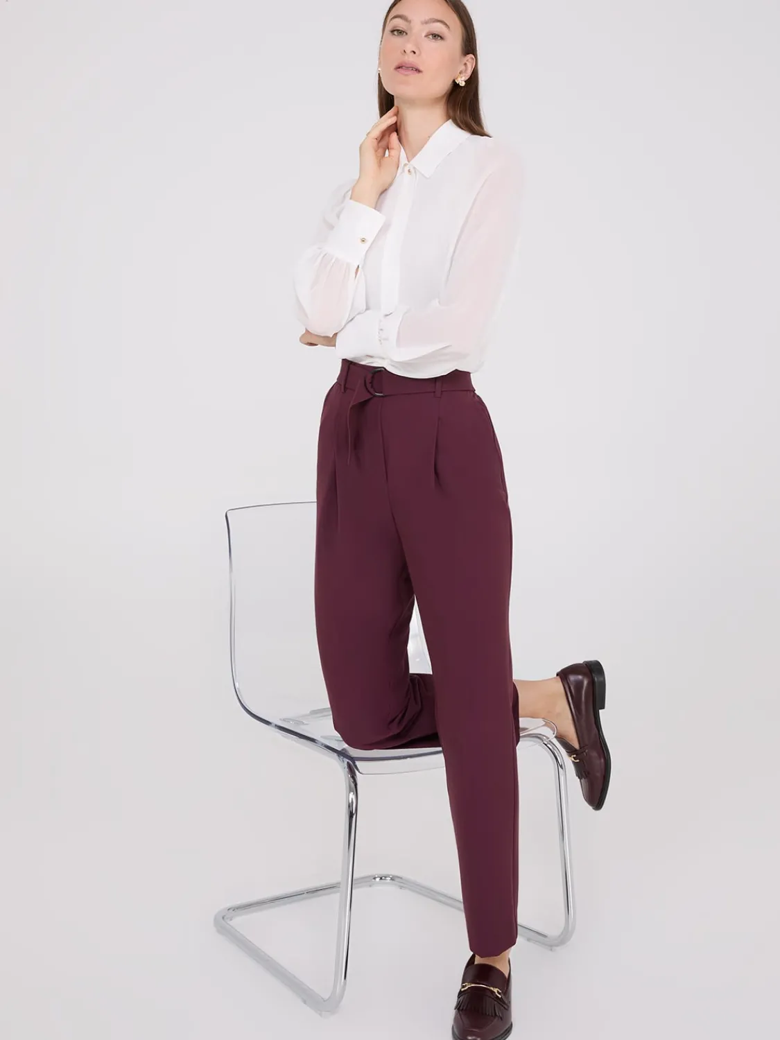 Suzy Shier Tops|Long Sleeve>Chiffon Button-Front Volume Sleeve Blouse