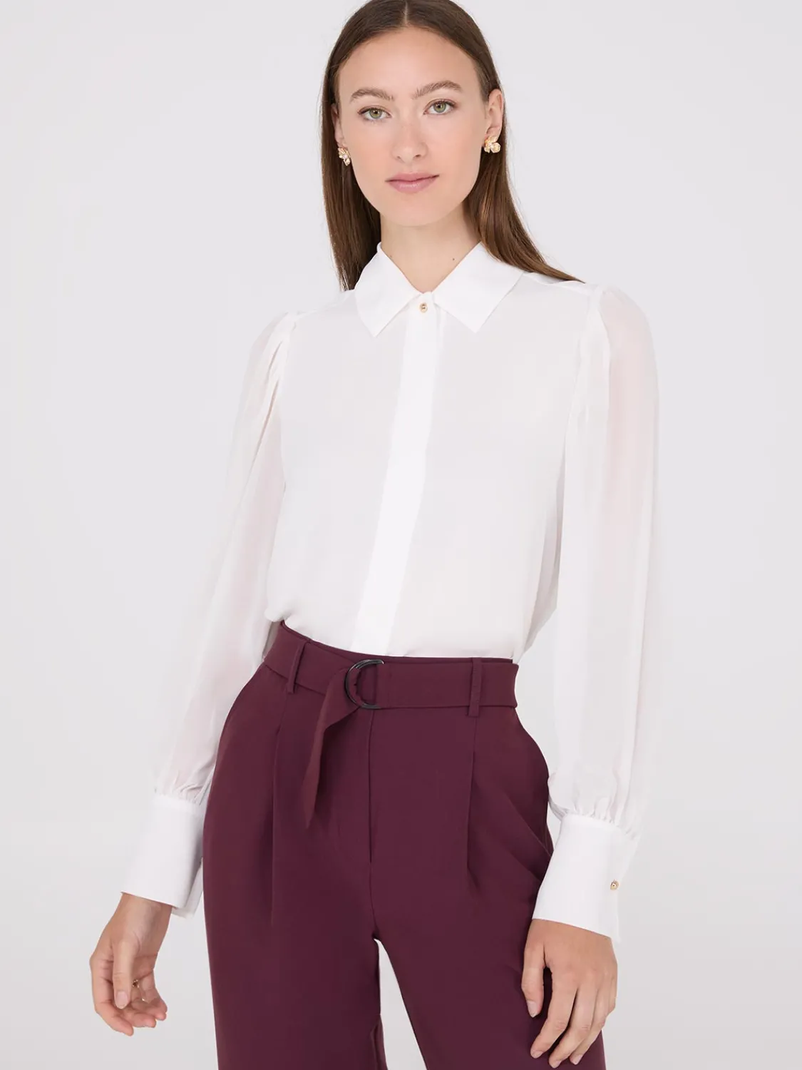 Suzy Shier Tops|Long Sleeve>Chiffon Button-Front Volume Sleeve Blouse