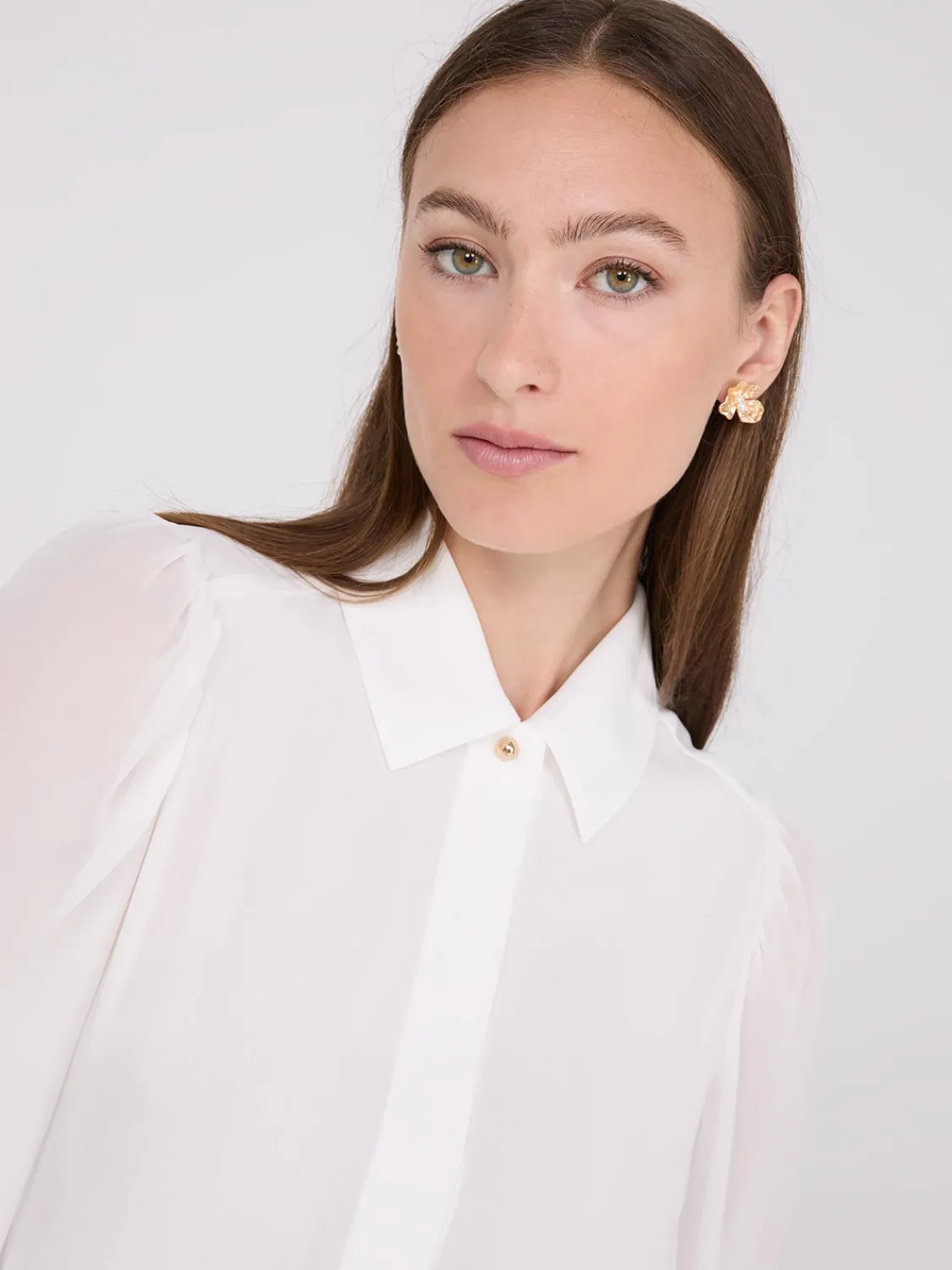 Suzy Shier Tops|Long Sleeve>Chiffon Button-Front Volume Sleeve Blouse