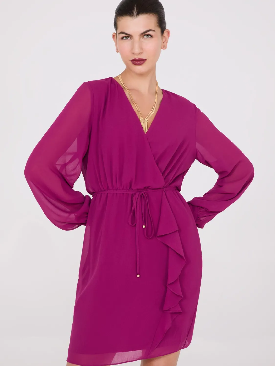 Suzy Shier Mini|Party Dresses>Chiffon Crossover Mini Dress With Front Ruffle