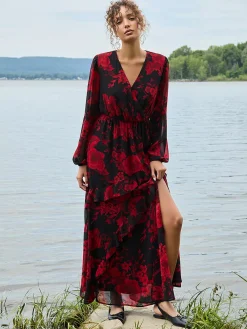 Suzy Shier Midi & Maxi|Party Dresses>Chiffon Floral Print Ruffle Skirt Maxi Dress