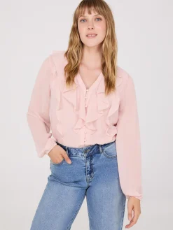 Suzy Shier Tops|Long Sleeve>Chiffon Ruffle Button-Front Blouse