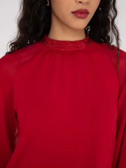 Suzy Shier Long Sleeve|Fashion Tops>Chiffon Sleeve Mock Neck Top With Rhinestones