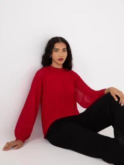 Suzy Shier Long Sleeve|Fashion Tops>Chiffon Sleeve Mock Neck Top With Rhinestones