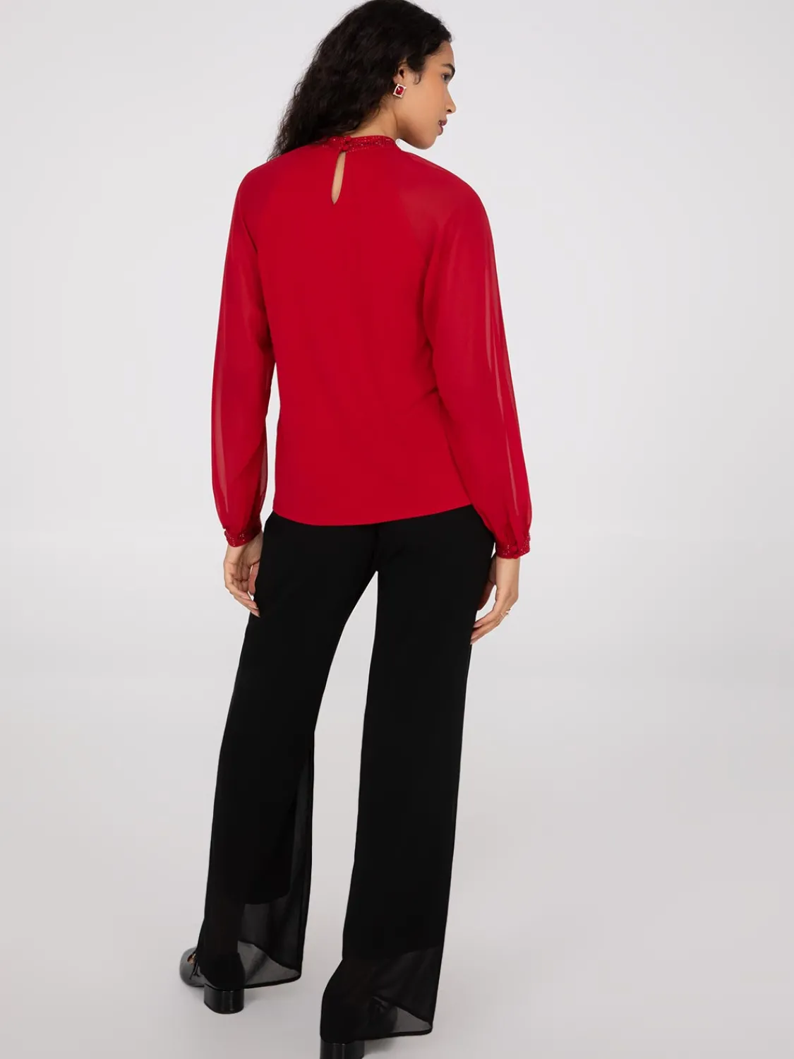 Suzy Shier Long Sleeve|Fashion Tops>Chiffon Sleeve Mock Neck Top With Rhinestones