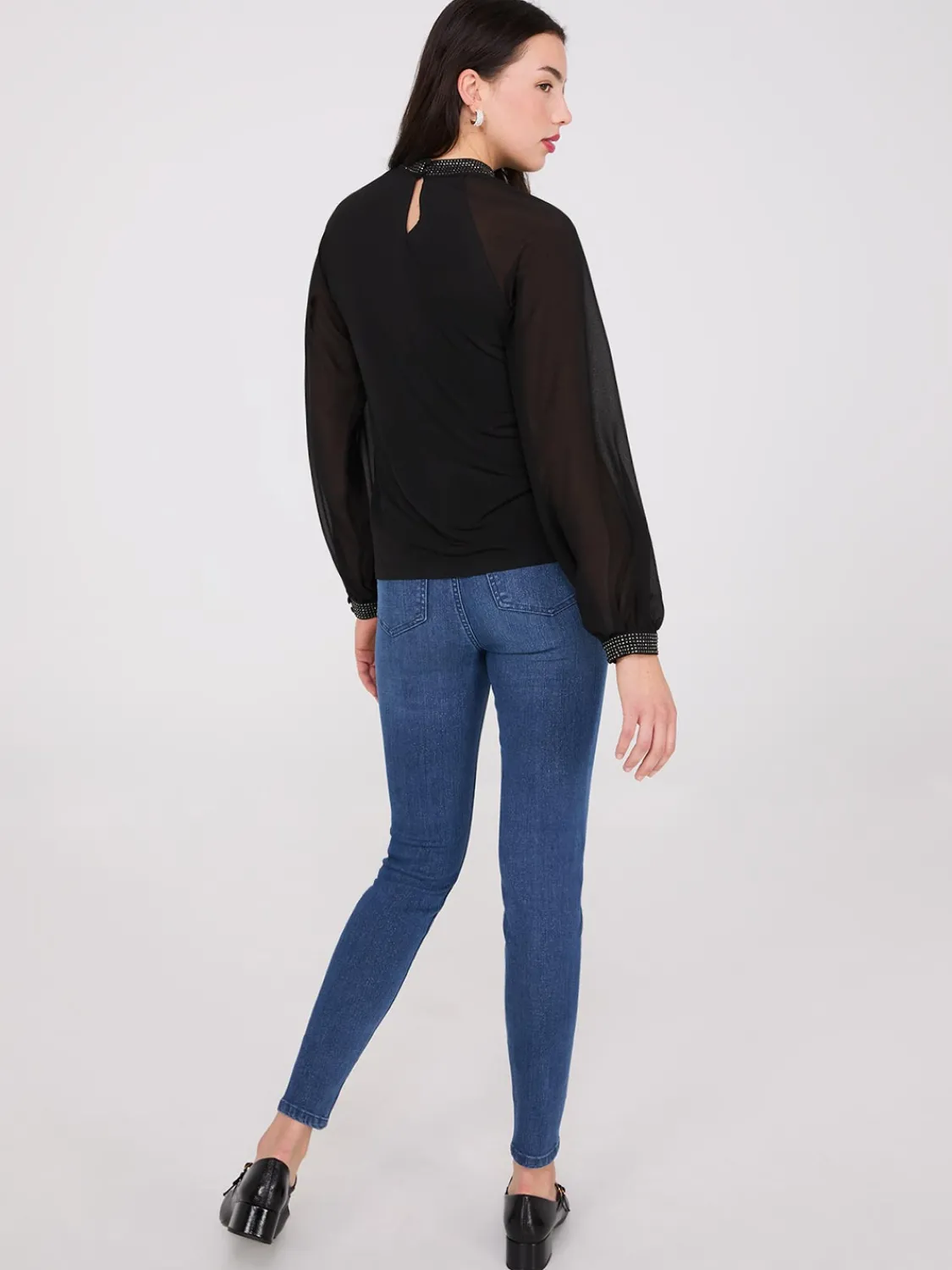 Suzy Shier Long Sleeve|Fashion Tops>Chiffon Sleeve Mock Neck Top With Rhinestones