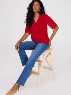 Suzy Shier Tops|Short Sleeve>Chiffon V-Neck Pleated Popover Blouse