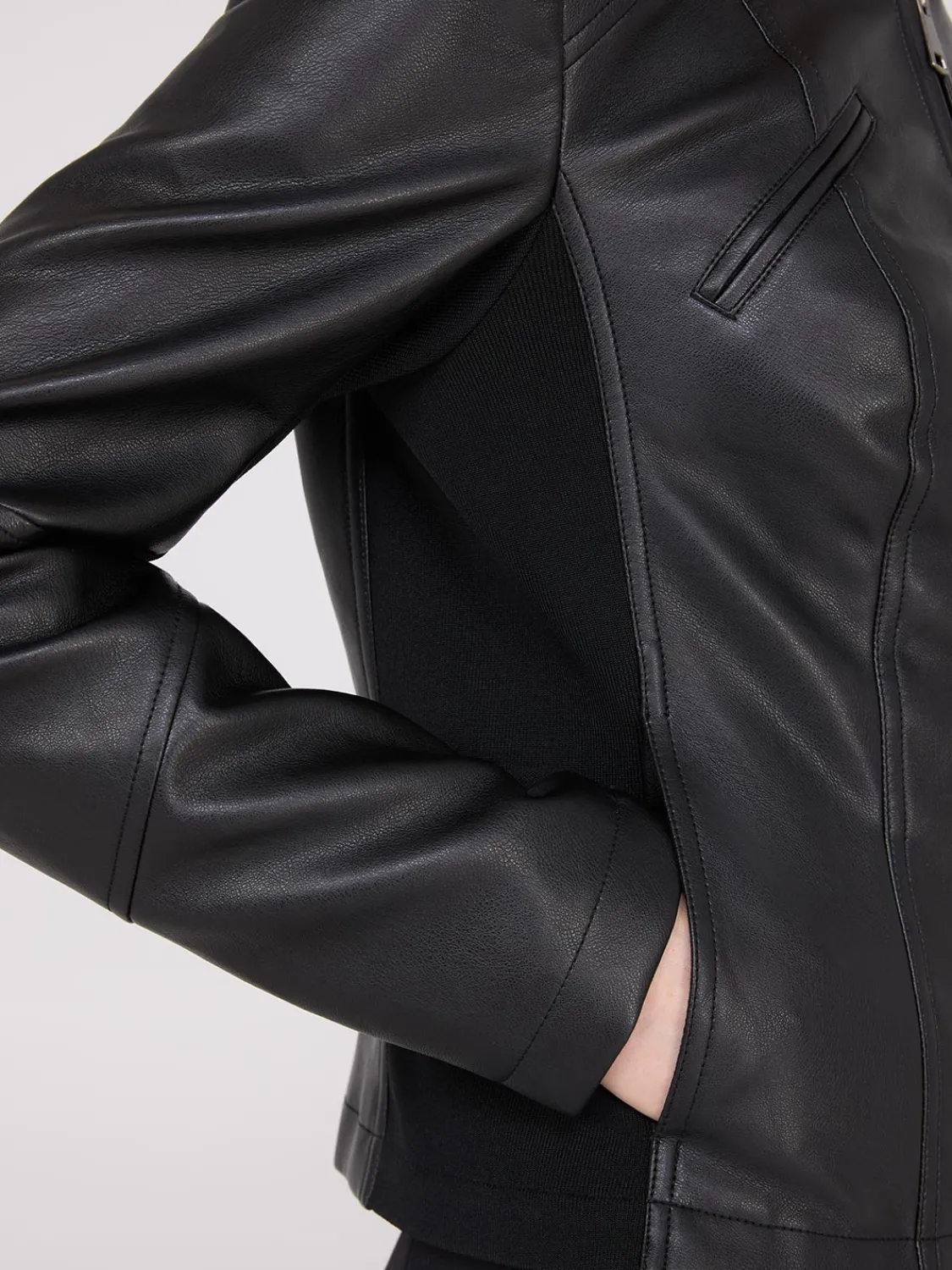 Suzy Shier Puffers & Jackets|Puffers & Jackets>Collarless Faux Leather Jacket