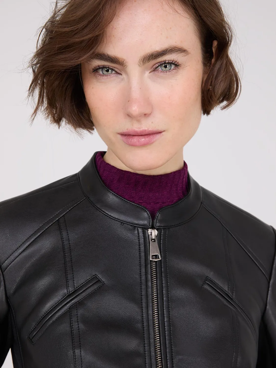 Suzy Shier Puffers & Jackets|Puffers & Jackets>Collarless Faux Leather Jacket
