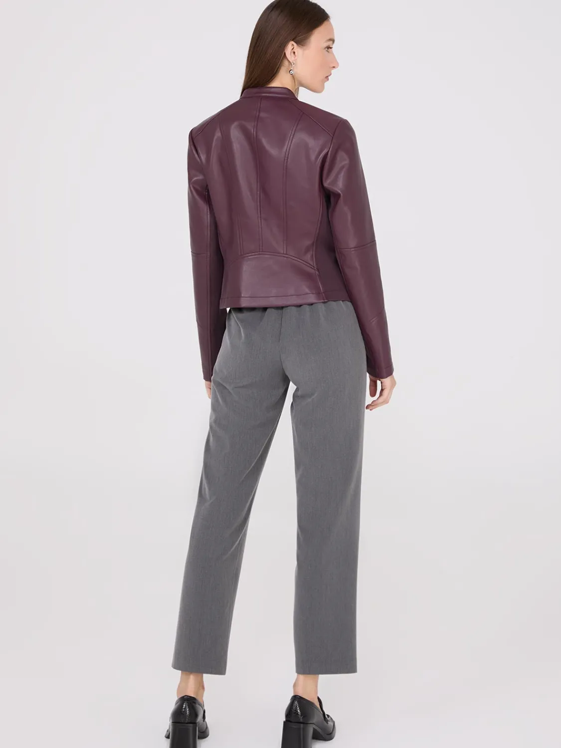 Suzy Shier Puffers & Jackets|Puffers & Jackets>Collarless Faux Leather Jacket
